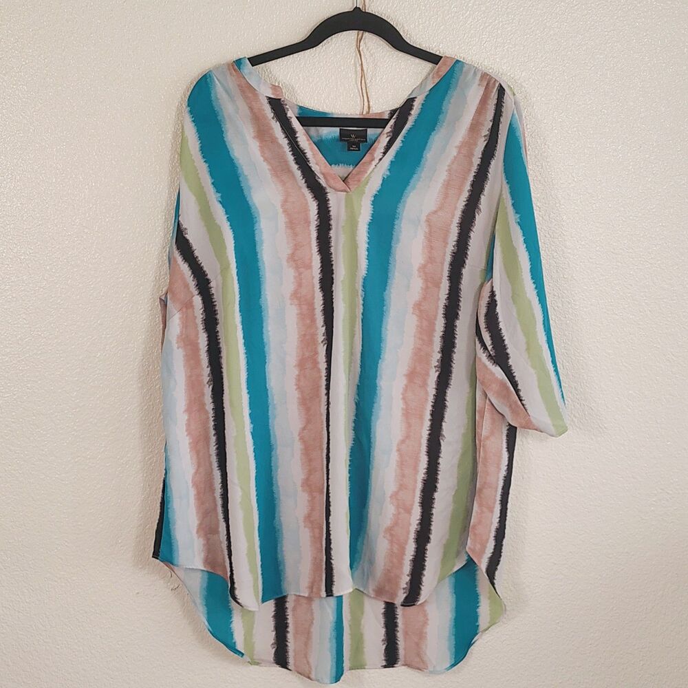 Worthington Woman 1X Multicolor Striped Blouse Roll Tab Sleeve High Low Hem Poly